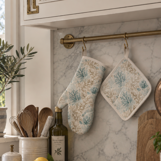 Coastal kitchen set with coral-print oven mitt and square pot holder in seafoam and tan colors