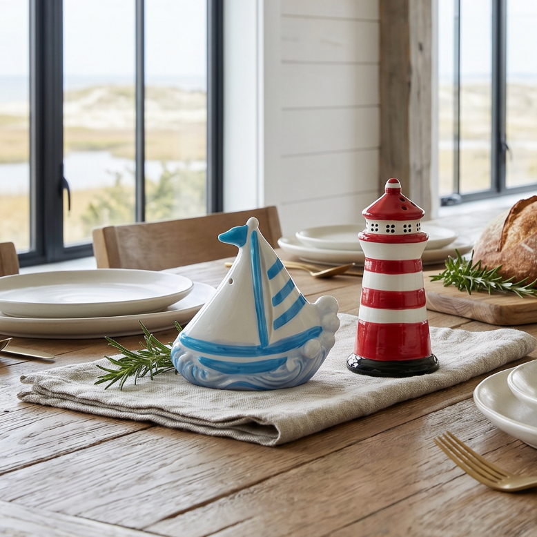 Beach house sailboat and lighthouse ceramic salt and pepper set styled on a dining table