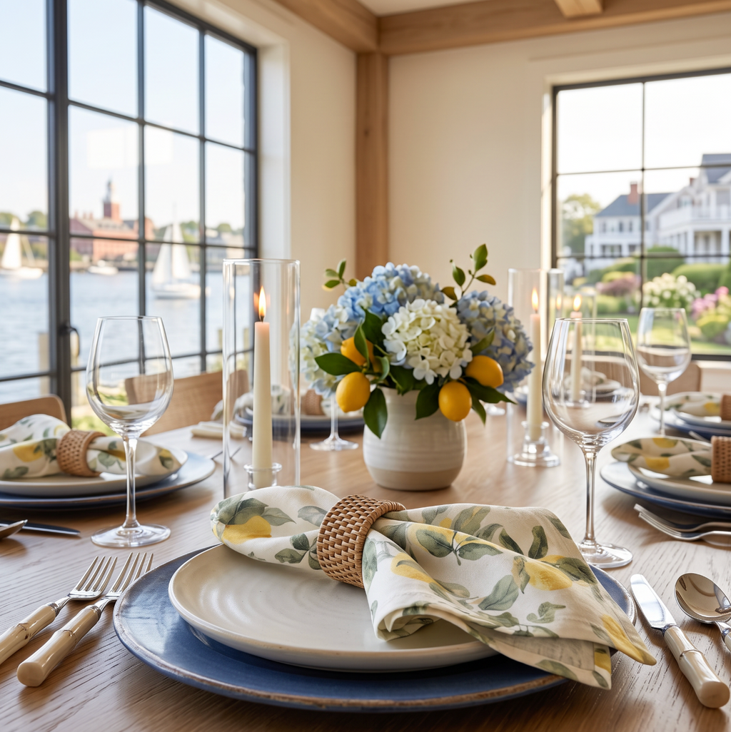 Coastal lemon print cloth napkins set of four for beach house dining and entertaining.