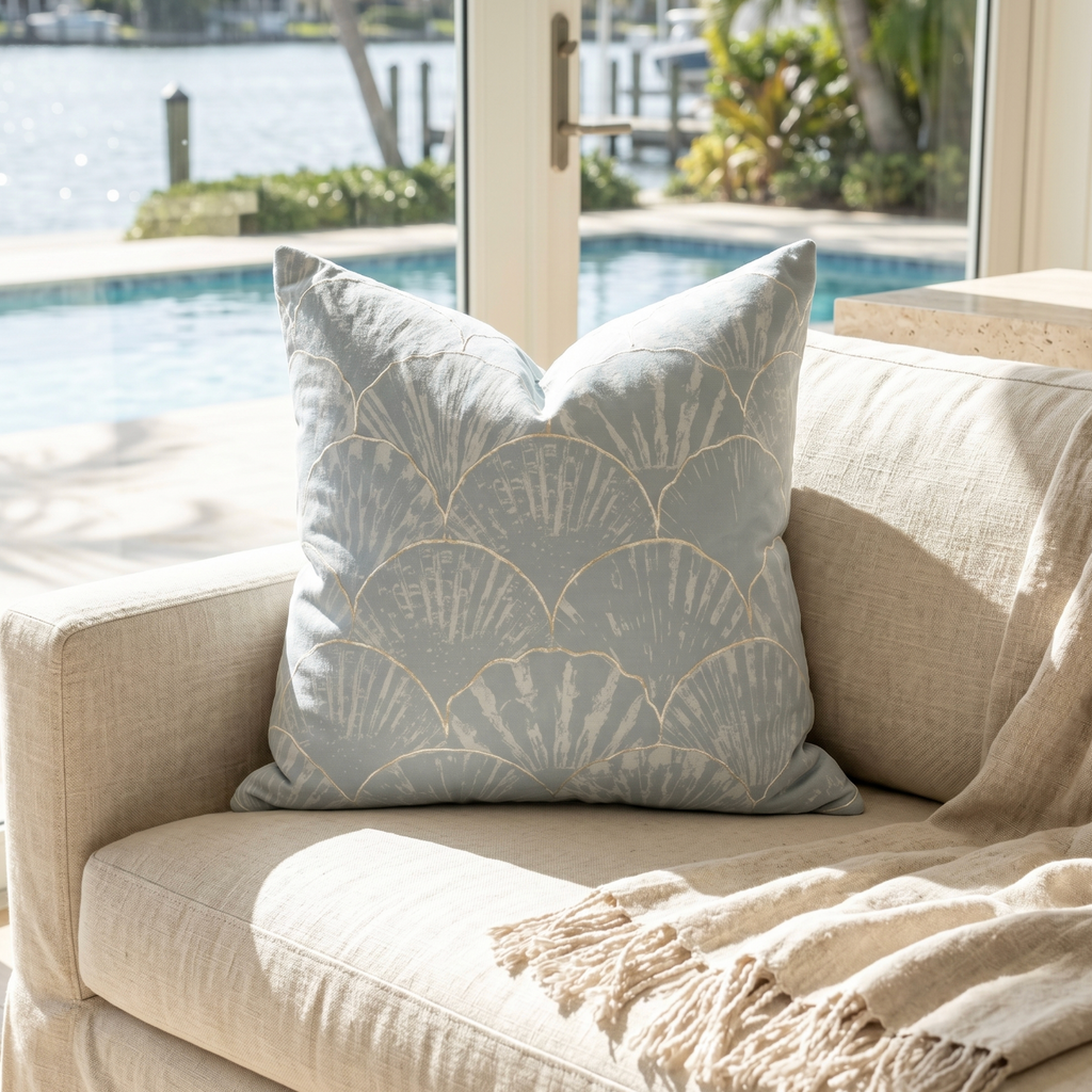 Light blue and white seashell print decorative pillow styled on a cream couch in a beach house living room