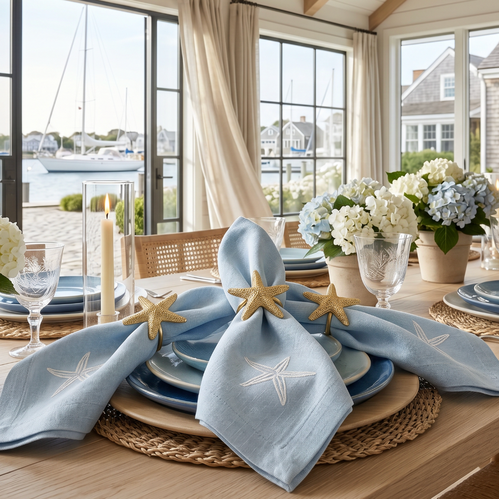 Coastal table setting with light blue linen napkins and white starfish pattern for casual beach house entertaining.