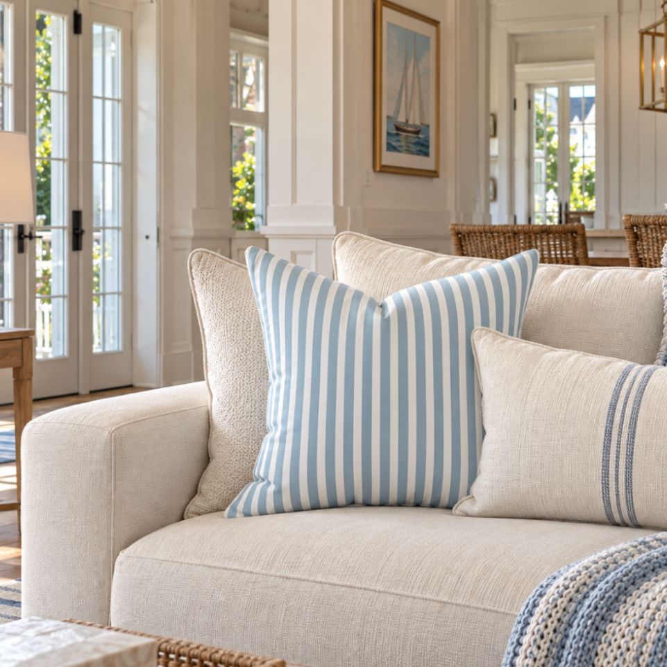 Coastal decorative pillow featuring a classic light blue and white stripe pattern.