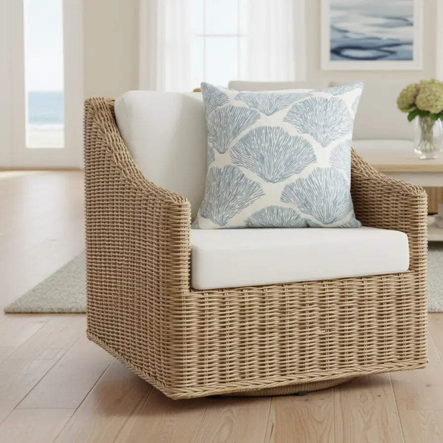 Bar Harbor Coral Throw Pillow with coastal blue coral pattern on a white square decorative cushion.