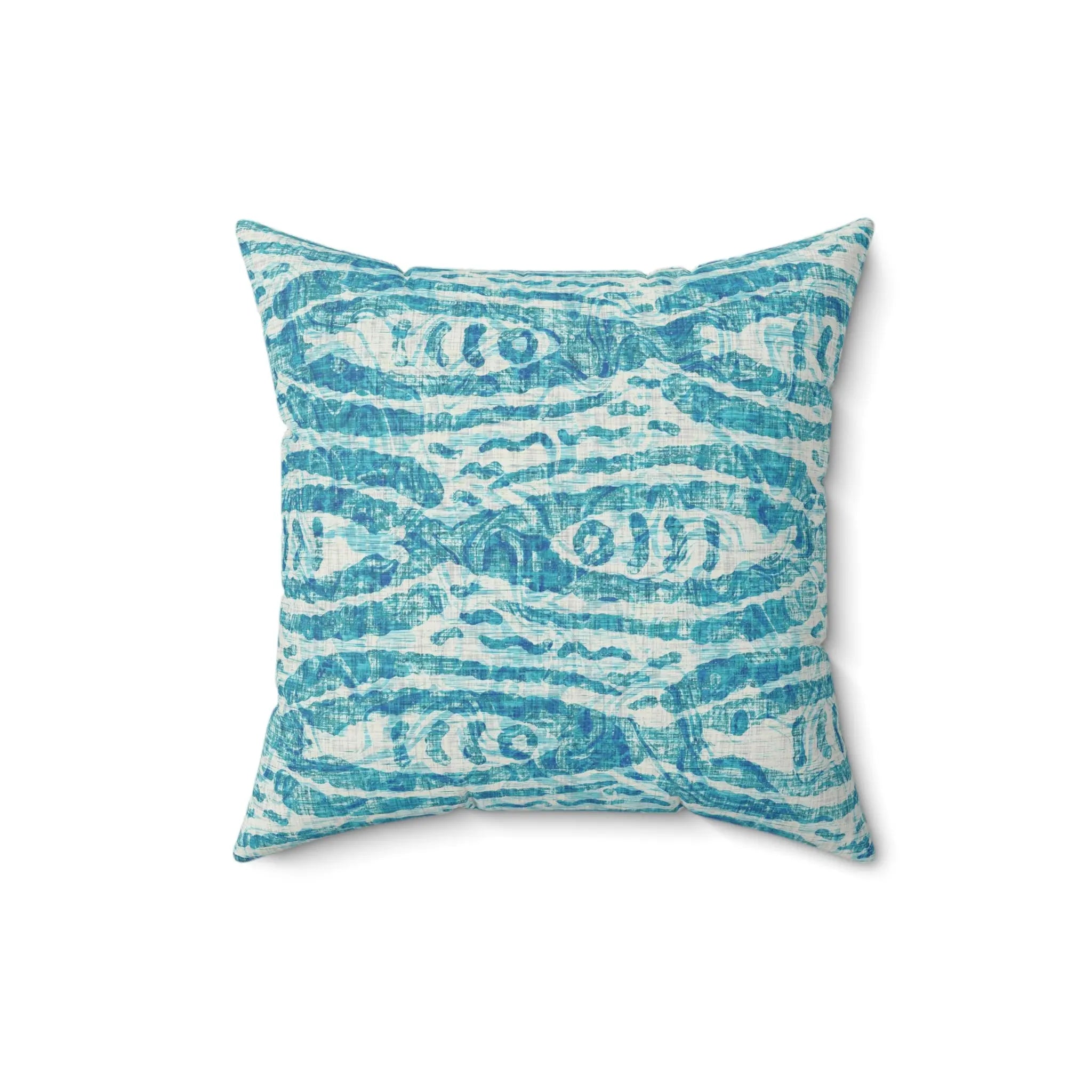 Turquoise fish-pattern throw pillow with coastal blue and teal hues.