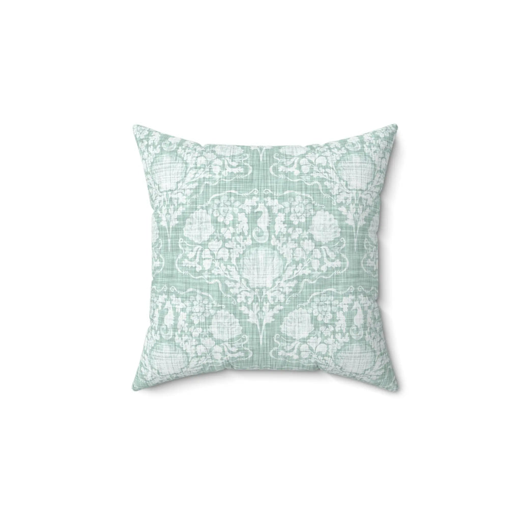 Coastal Crest Seahorse Pillow, seafoam damask throw pillow with decorative seaside charm.