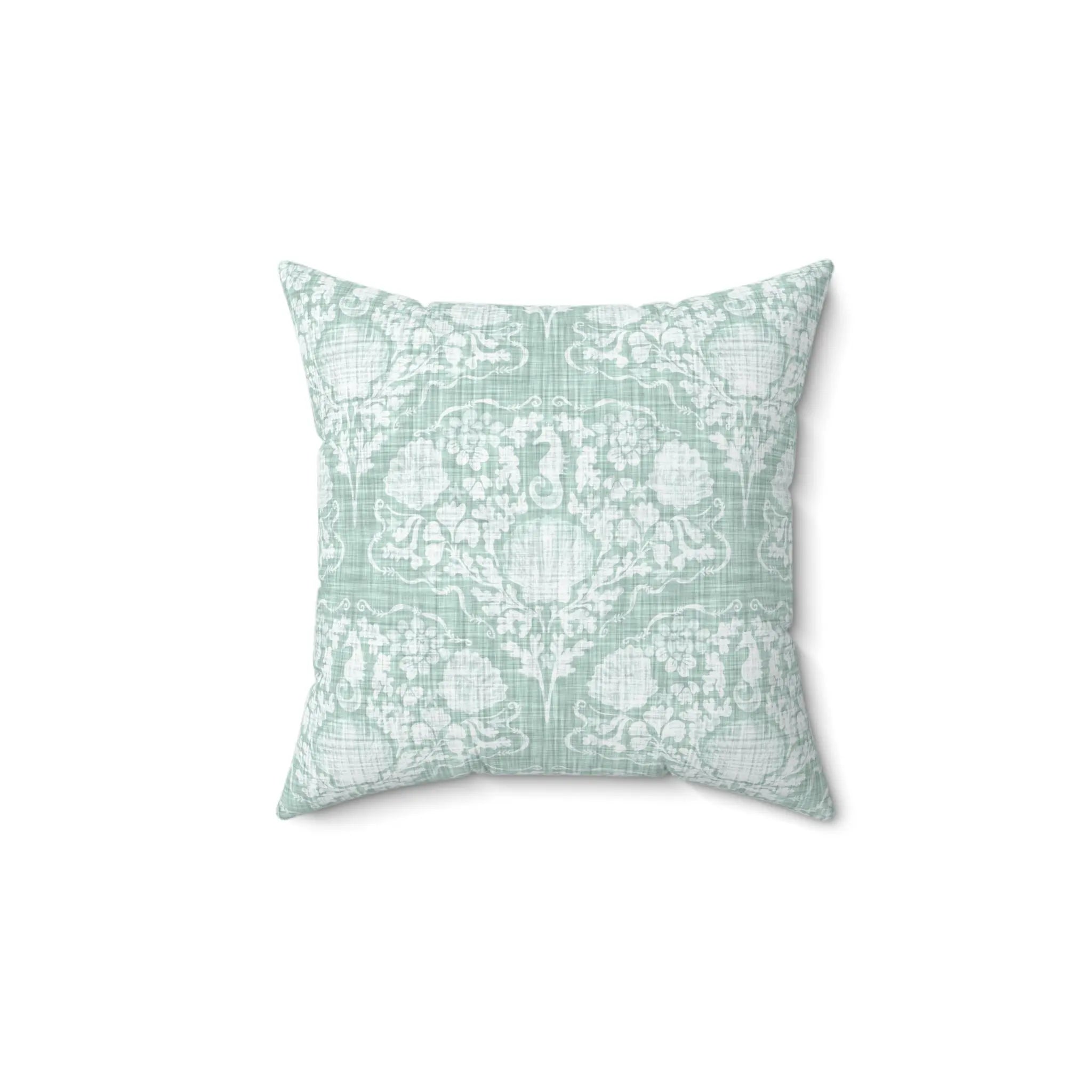 Coastal Crest Seahorse Pillow, seafoam damask throw pillow with decorative seaside charm.