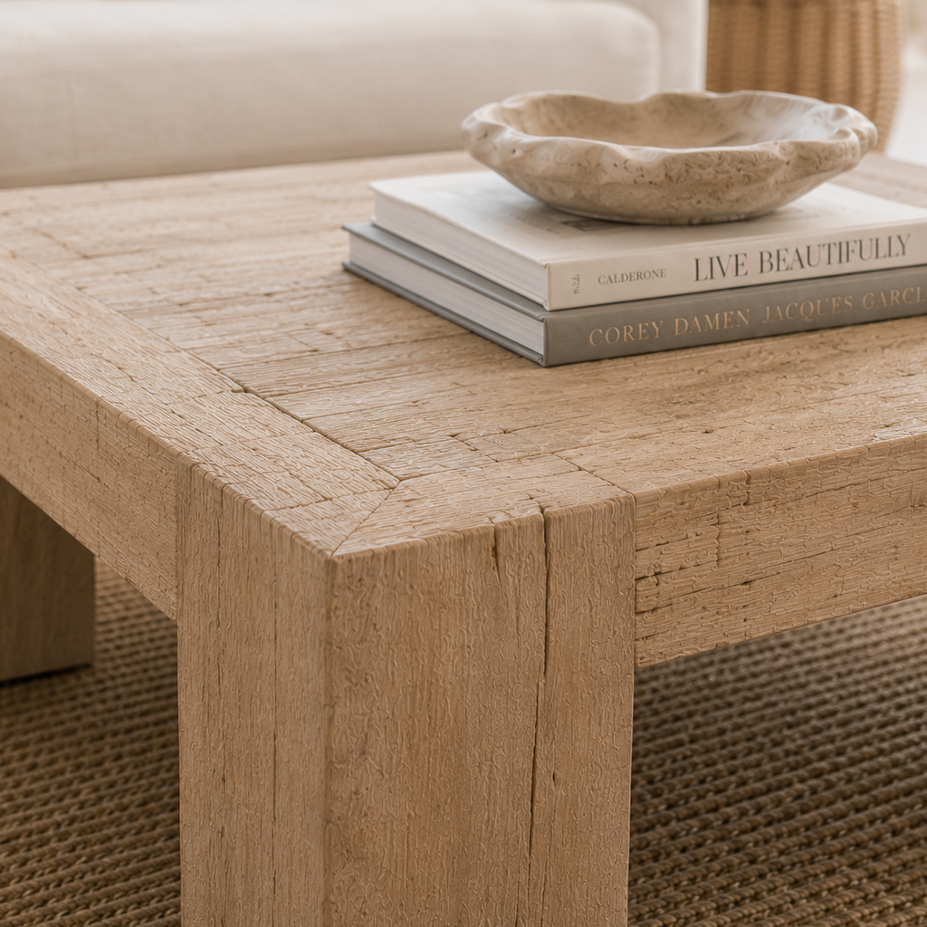 Close-up of the natural grain and light bleached-inspired finish on a handcrafted teak coffee table.