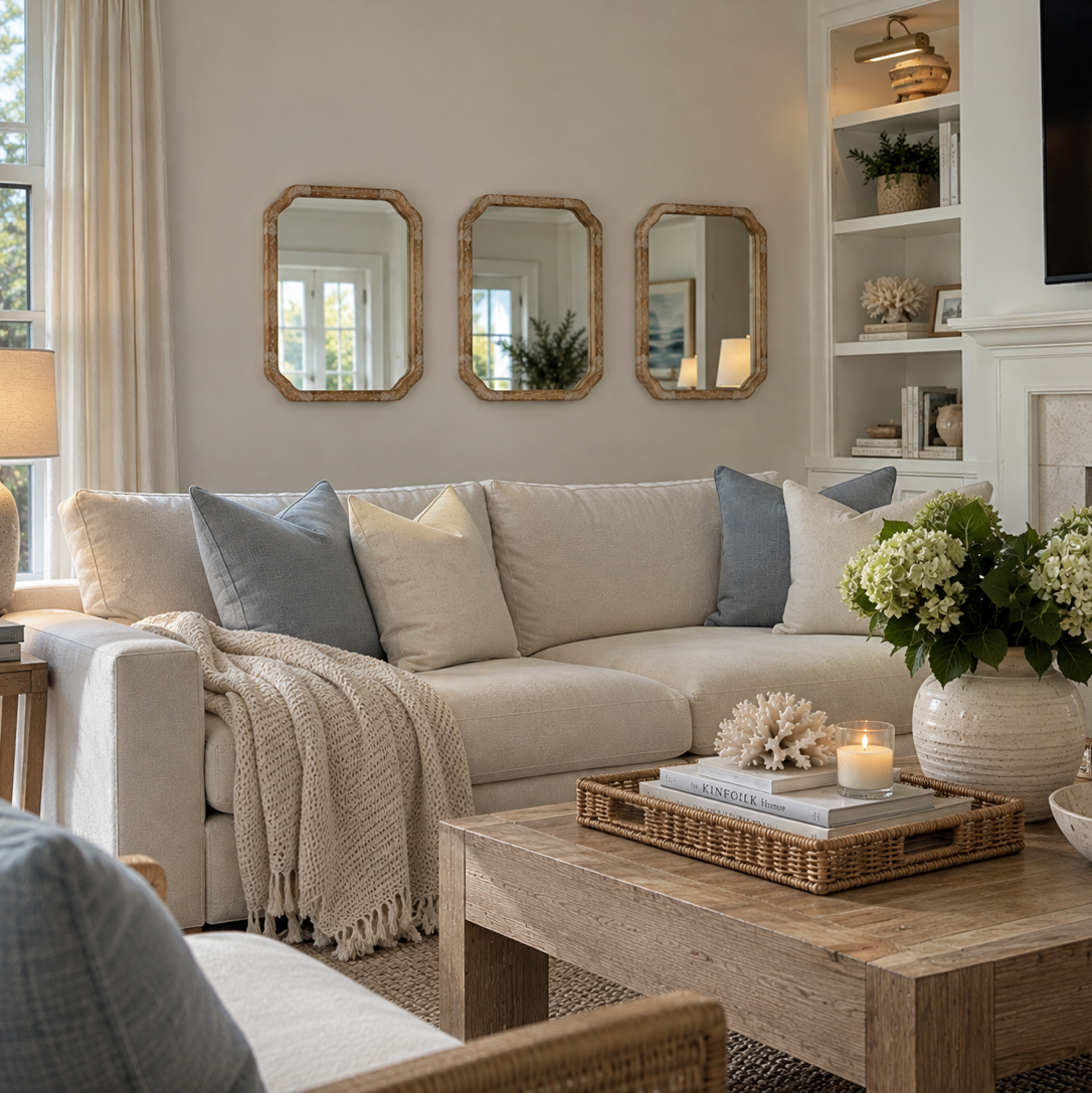 Coastal living room wood wall mirrors with warm natural frames and soft rounded corners