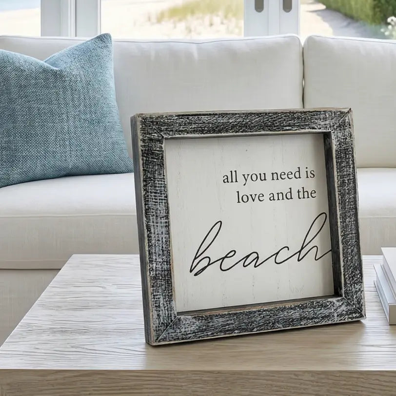 5x5 distressed gray wood Love & Beach coastal sign with rope and starfish accents