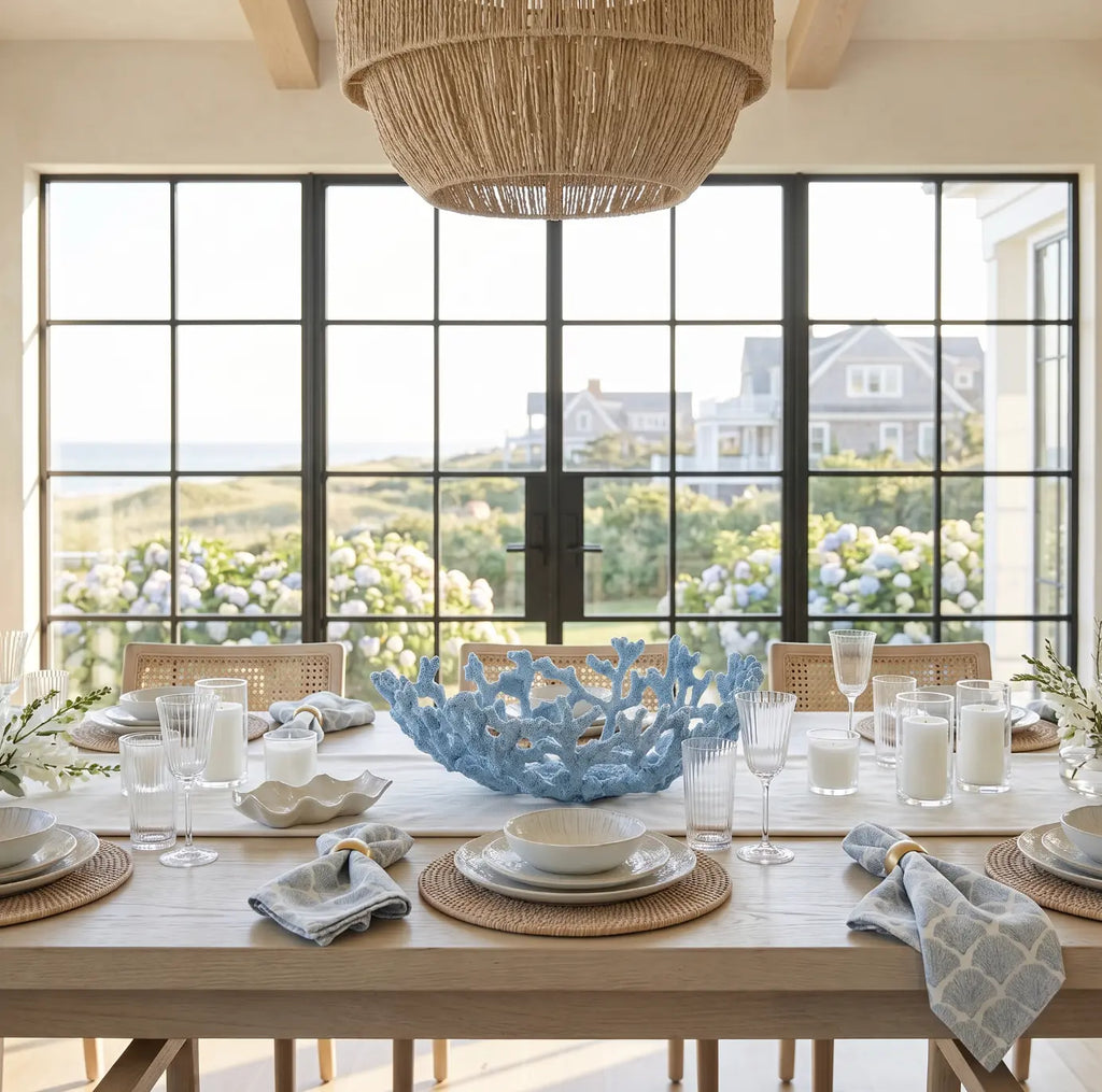 Coastal luxe blue coral resin centerpiece bowl for beach house decor