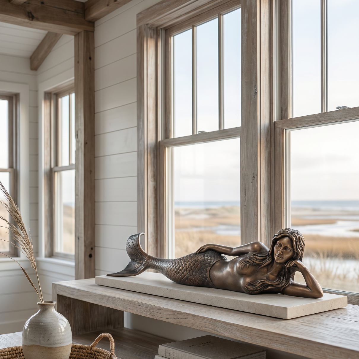 Decorative mermaid statue adding a seaside touch to a neutral coastal living room.