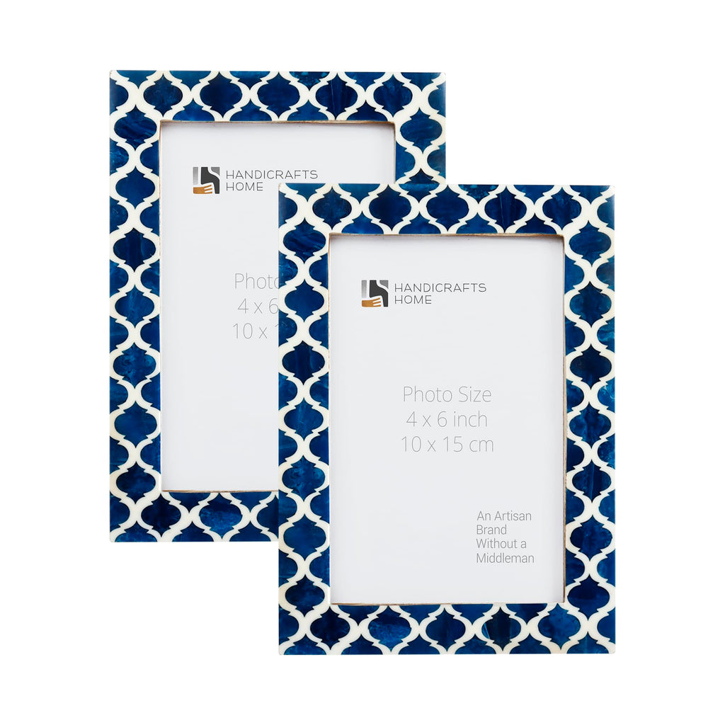 Casablanca Medianoche royal blue and ivory resin inlay picture frame set of 2 styled in a coastal beach house living room.