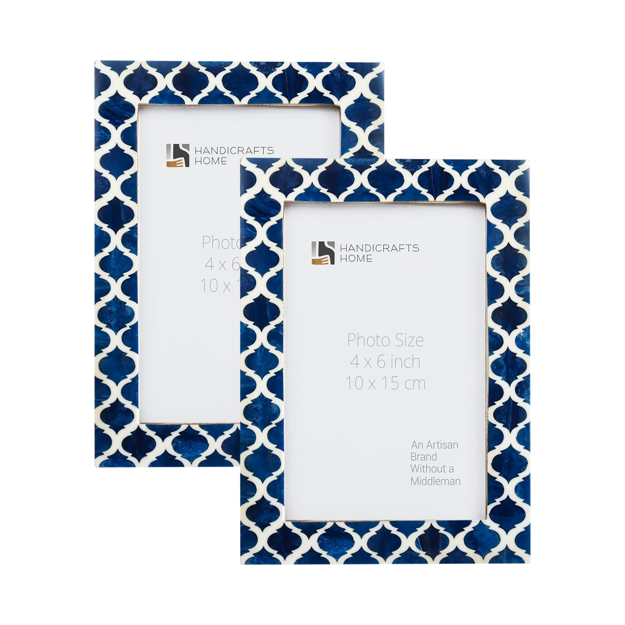 Casablanca Medianoche royal blue and ivory resin inlay picture frame set of 2 styled in a coastal beach house living room.