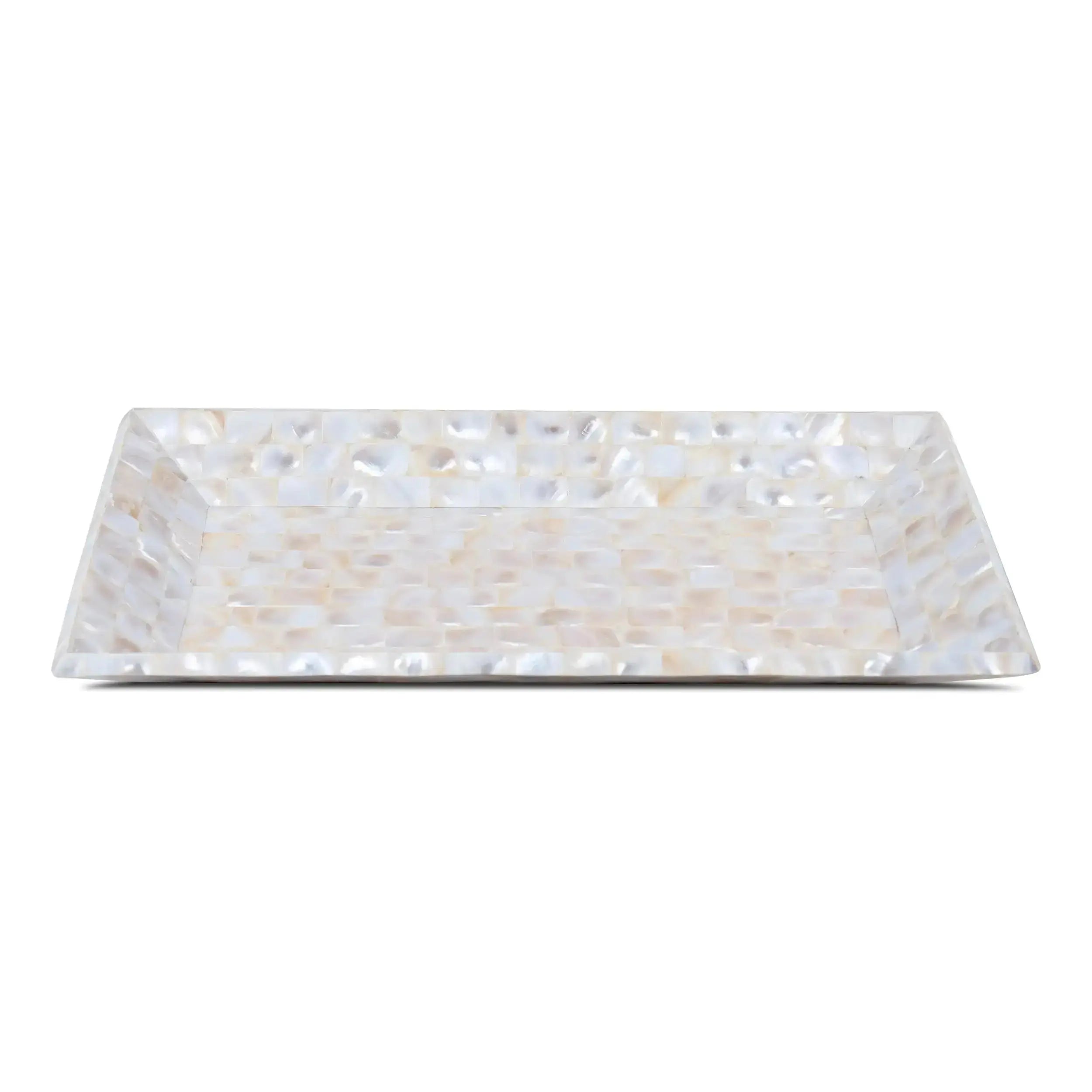 white pearl inlay tray holding perfume and jewelry on vanity