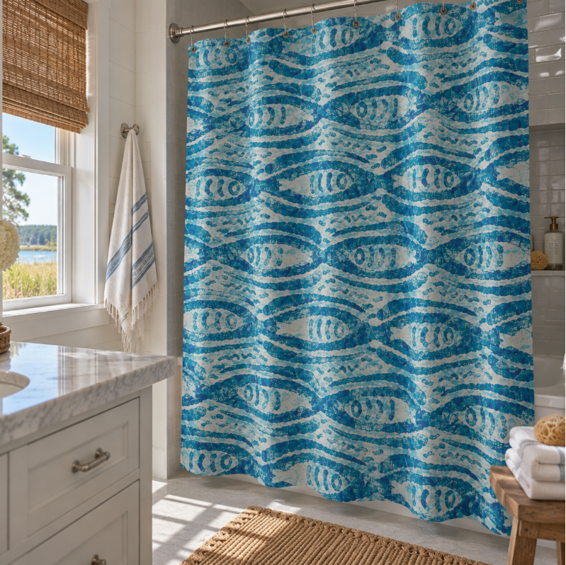 Nautical blue fish shower curtain styled in a beach-inspired bathroom