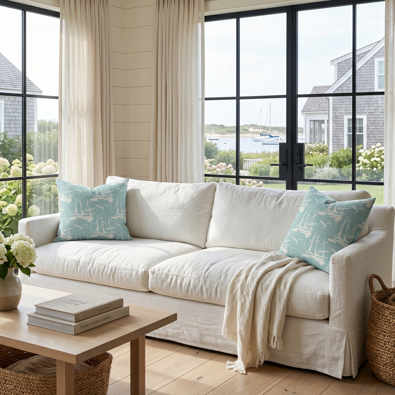 Coastal nautical sailboat pattern pillow in light blue on a neutral sofa in a bright beach house living room
