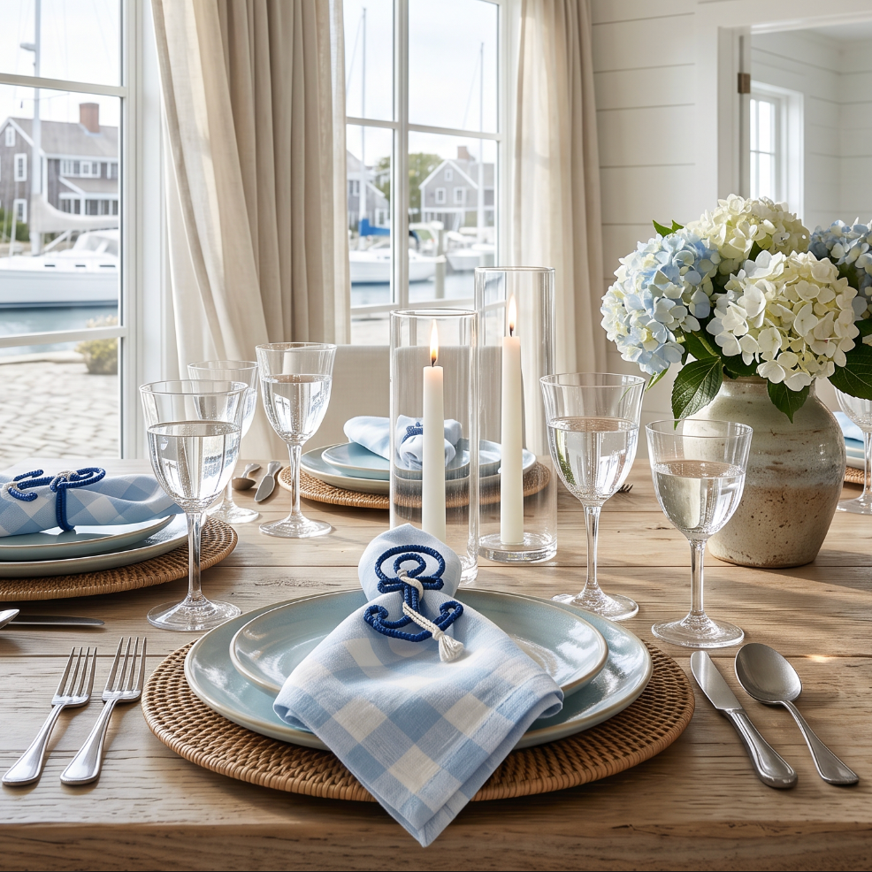 Coastal table setting featuring blue and white striped print linen napkins wrapped with anchor napkin rings.