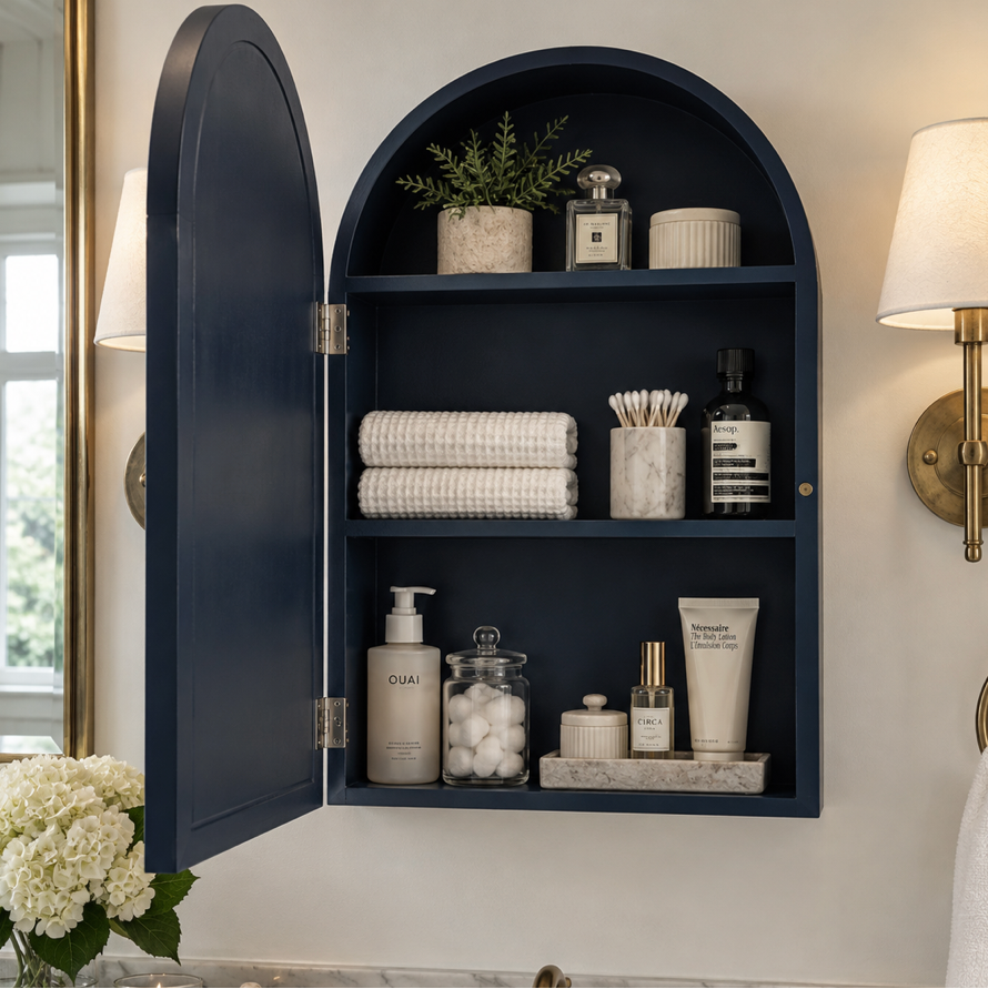 Coastal navy arch wall mirror with a bold blue frame for an entryway, bathroom, or bedroom