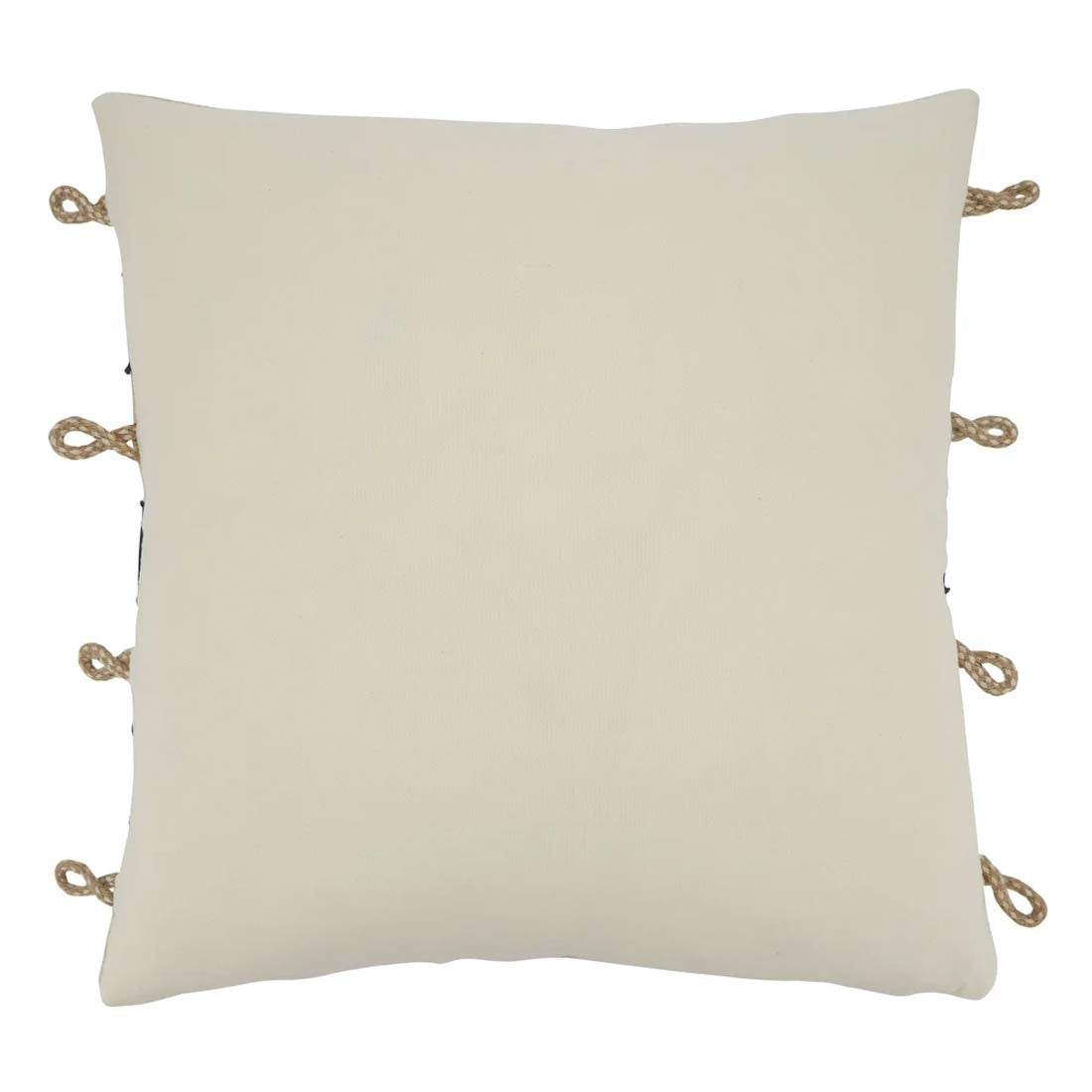 Navy decorative throw pillow with rope knot appliqué adding coastal character to the sofa.