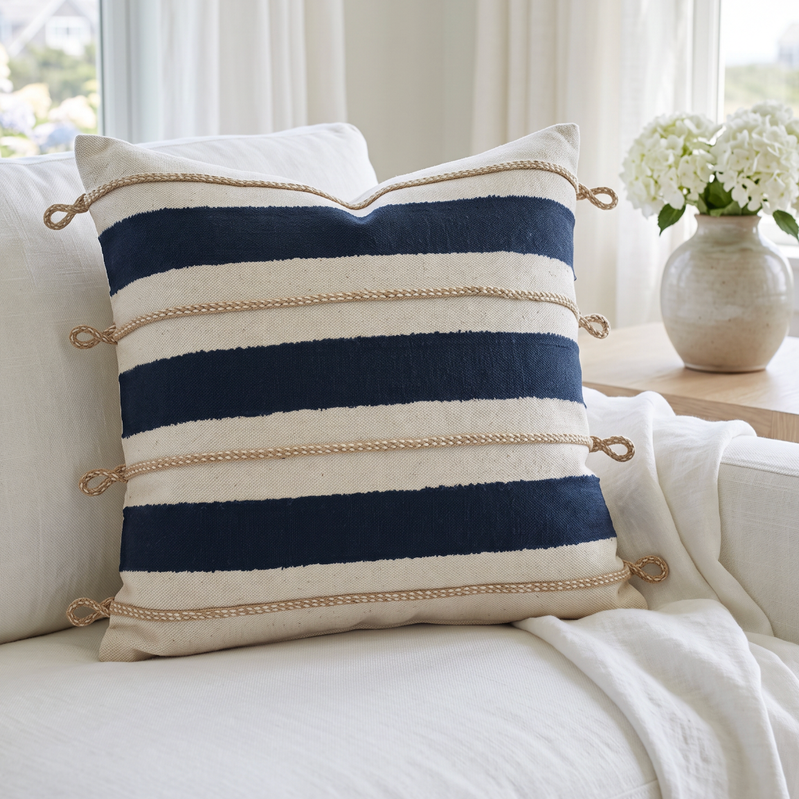 Nautical rope knot decorative cushion in navy, ideal for beach house living rooms.