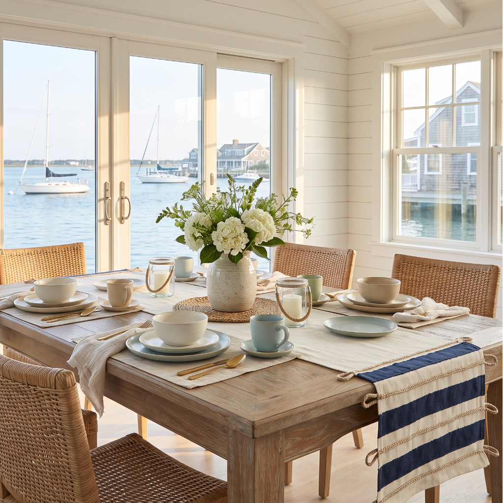 Coastal table runner with wide navy blue stripes, cream bands, and braided rope edging.