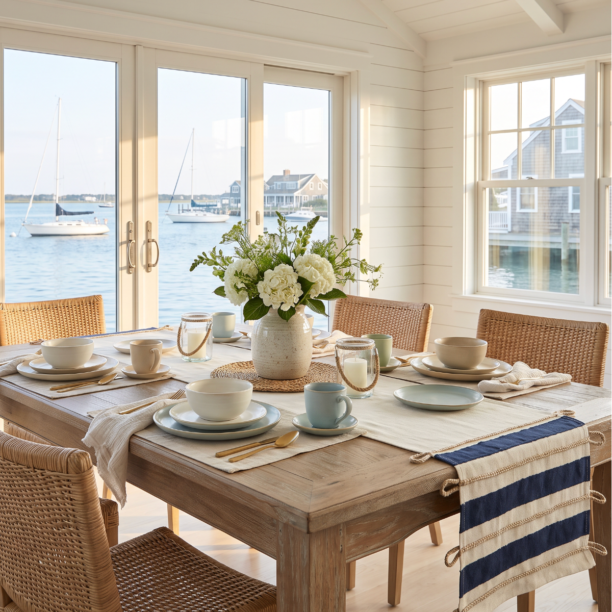 Coastal table runner with wide navy blue stripes, cream bands, and braided rope edging.