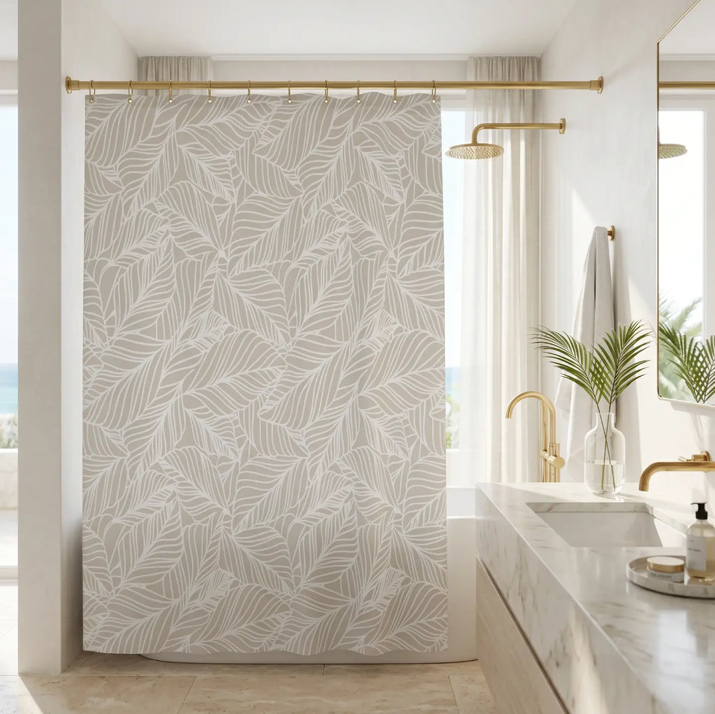 Beige botanical shower curtain for modern coastal bathroom decor
