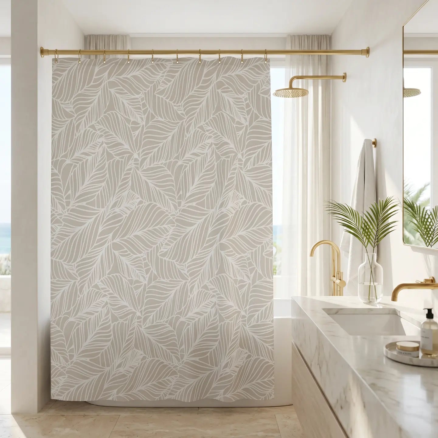 Beige botanical shower curtain for modern coastal bathroom decor