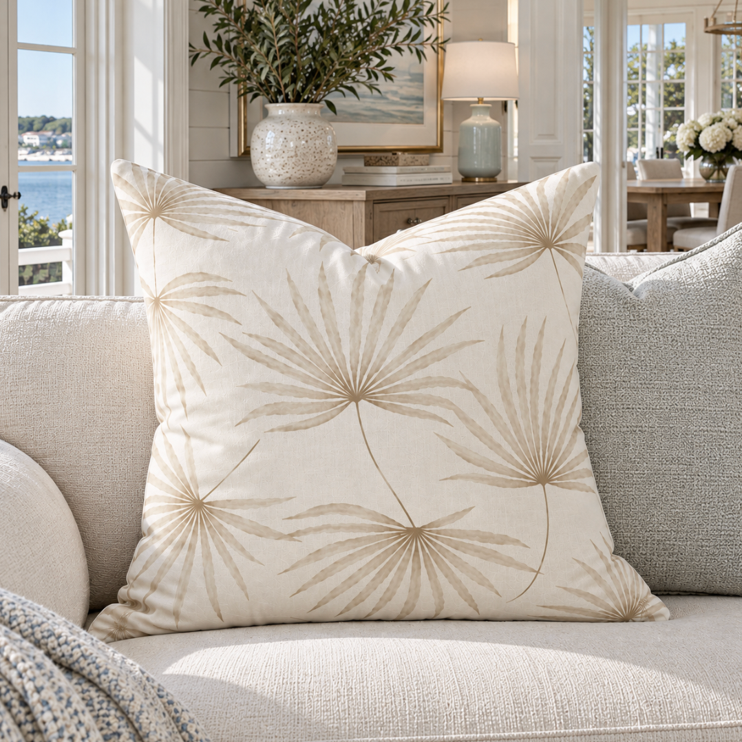 Coastal neutral throw pillow featuring a subtle palm design.