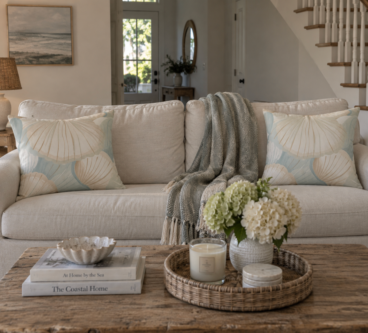 Neutral coastal decorative pillow with a seashell print for a relaxed beach house.