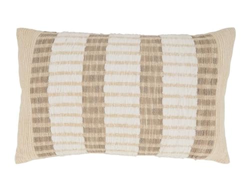Woven stripe pillow with alternating tan and cream rows adding quiet interest to seating.