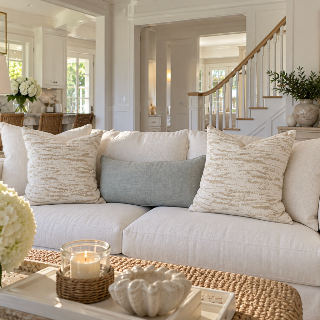 Coastal neutral throw pillow with soft beige and taupe stripes.