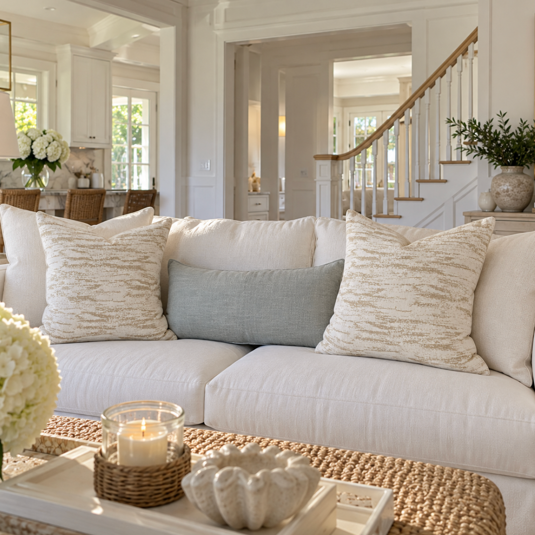 Coastal neutral throw pillow with soft beige and taupe stripes.