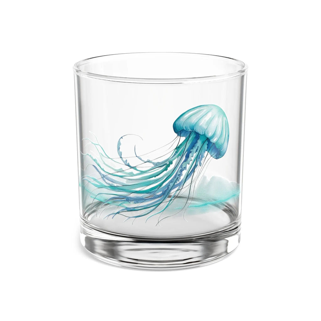 Clear jellyfish whiskey glass, nautical rocks tumbler for beach house bar.