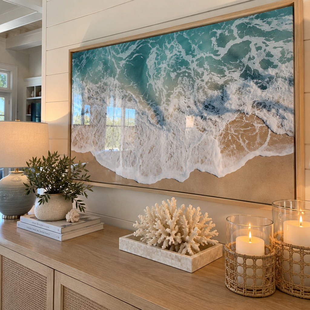 Coastal canvas artwork featuring rolling ocean waves in soothing blue tones.