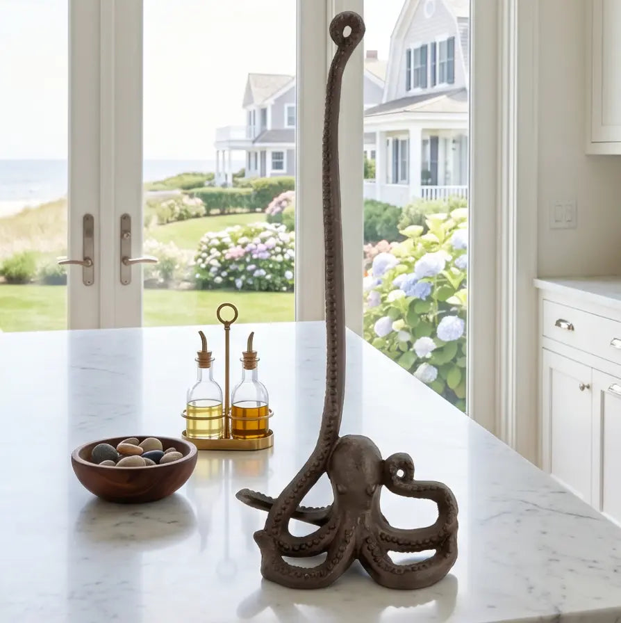 Octopus cast iron paper towel holder on coastal kitchen countertop with nautical dishware