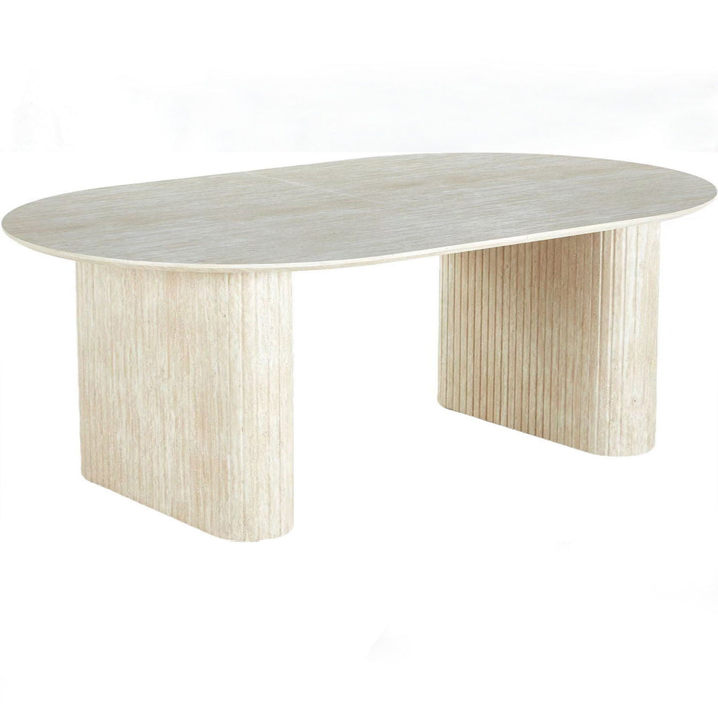 Coastal oval pedestal dining table in a pale natural wood finish with ribbed base details