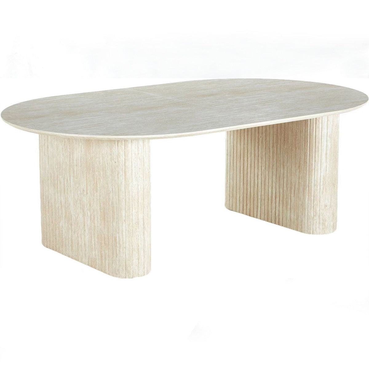 Coastal oval pedestal dining table in a pale natural wood finish with ribbed base details