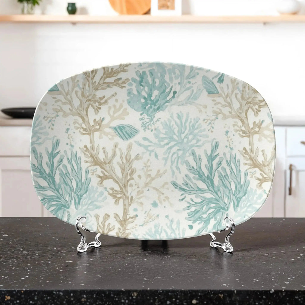 Coastal oval serving platter with satin finish for elegant entertaining.