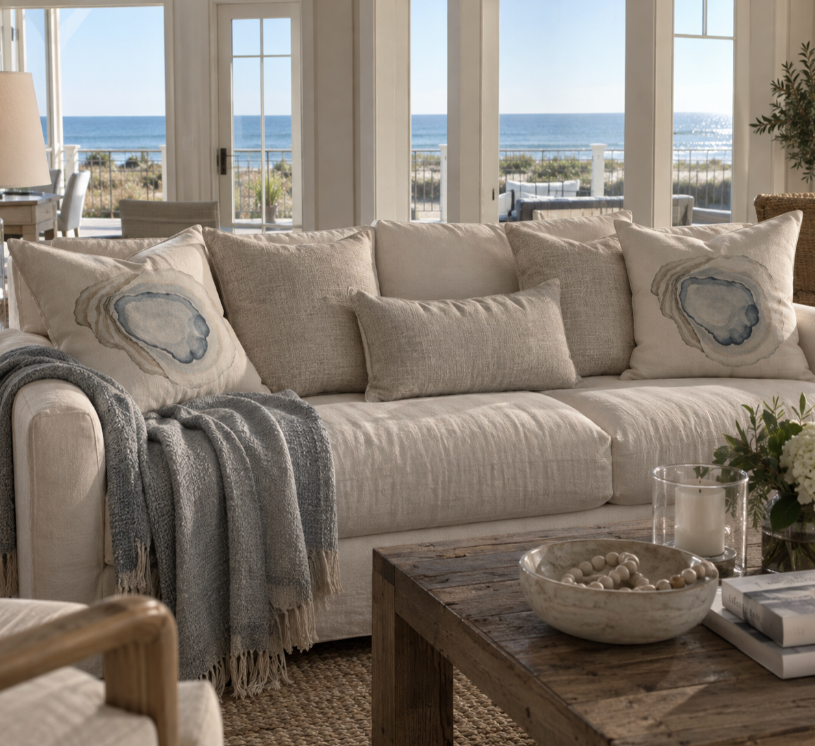 Ocean-inspired coastal oyster pillow for a relaxed seaside interior