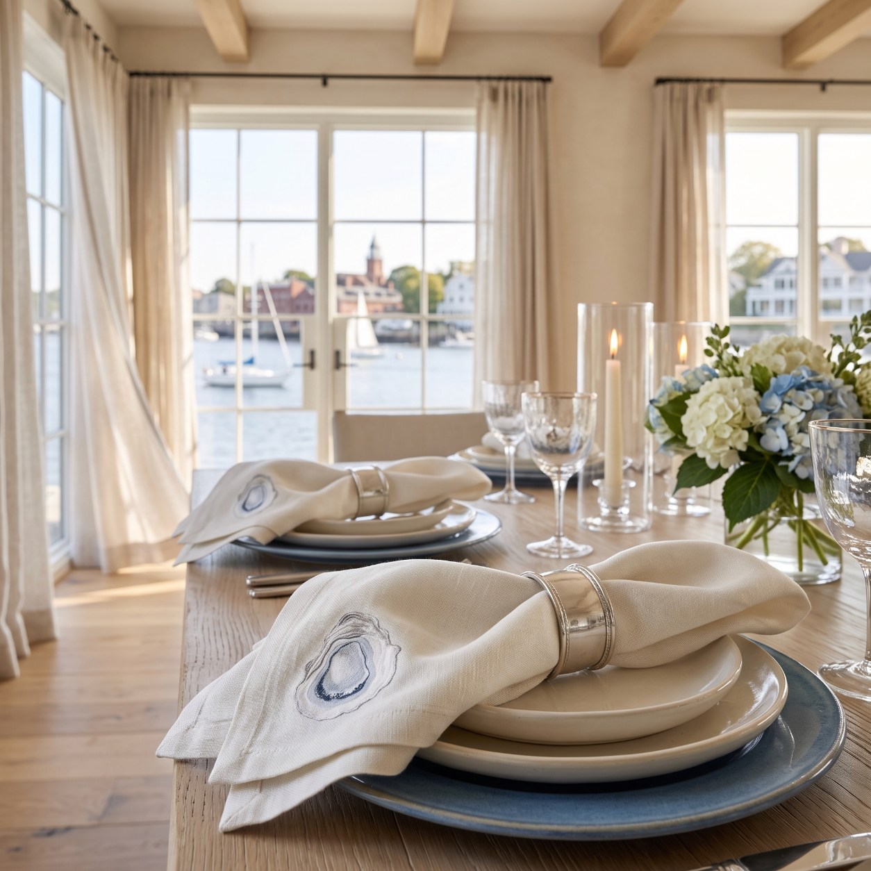 Soft neutral four-piece napkin set with blue-gray watercolor oyster shell corner print for coastal table decor.