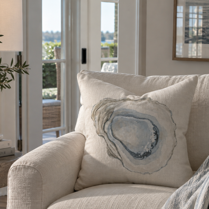 Coastal oyster throw pillow for beach house living room décor