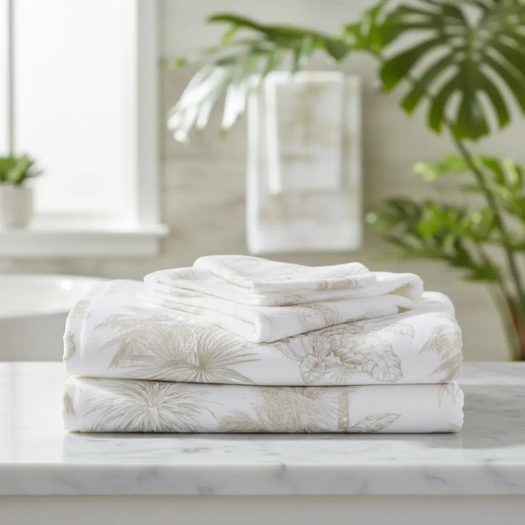 Biscayne Palm Cotton Mink Bath Towel with neutral palm print and quick-drying cotton back for a coastal vibe.