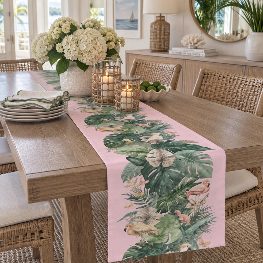 Coastal Palm Beach table runner with flamingos, green foliage, and blush tropical florals