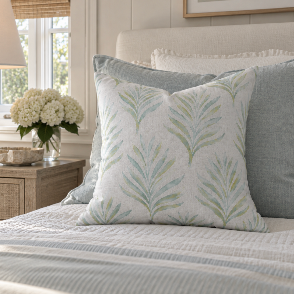 Coastal palm leaf accent pillow in soft blue and green tones