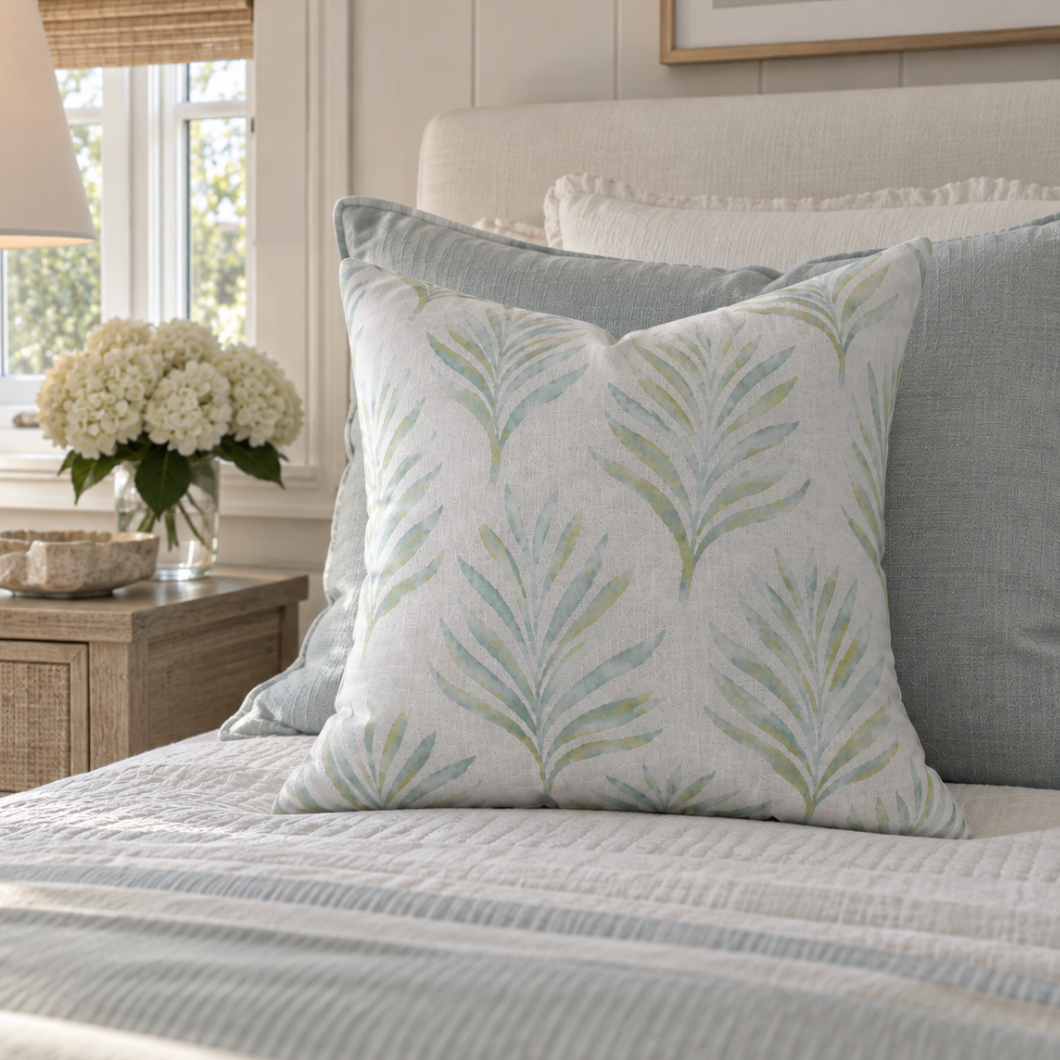 Coastal palm leaf accent pillow in soft blue and green tones