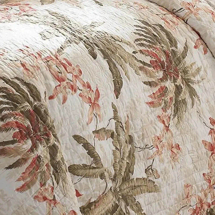 Coastal palm tree and flower print quilt set, king size 3 piece cotton bedding