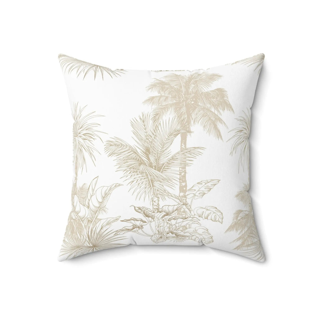 Biscayne Palm Throw Pillow with neutral beige palm botanical sketch on white ground.