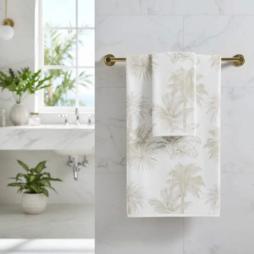 Biscayne Palm Cotton Mink Bath Towel with neutral palm print and quick-drying cotton back, on brass rod.