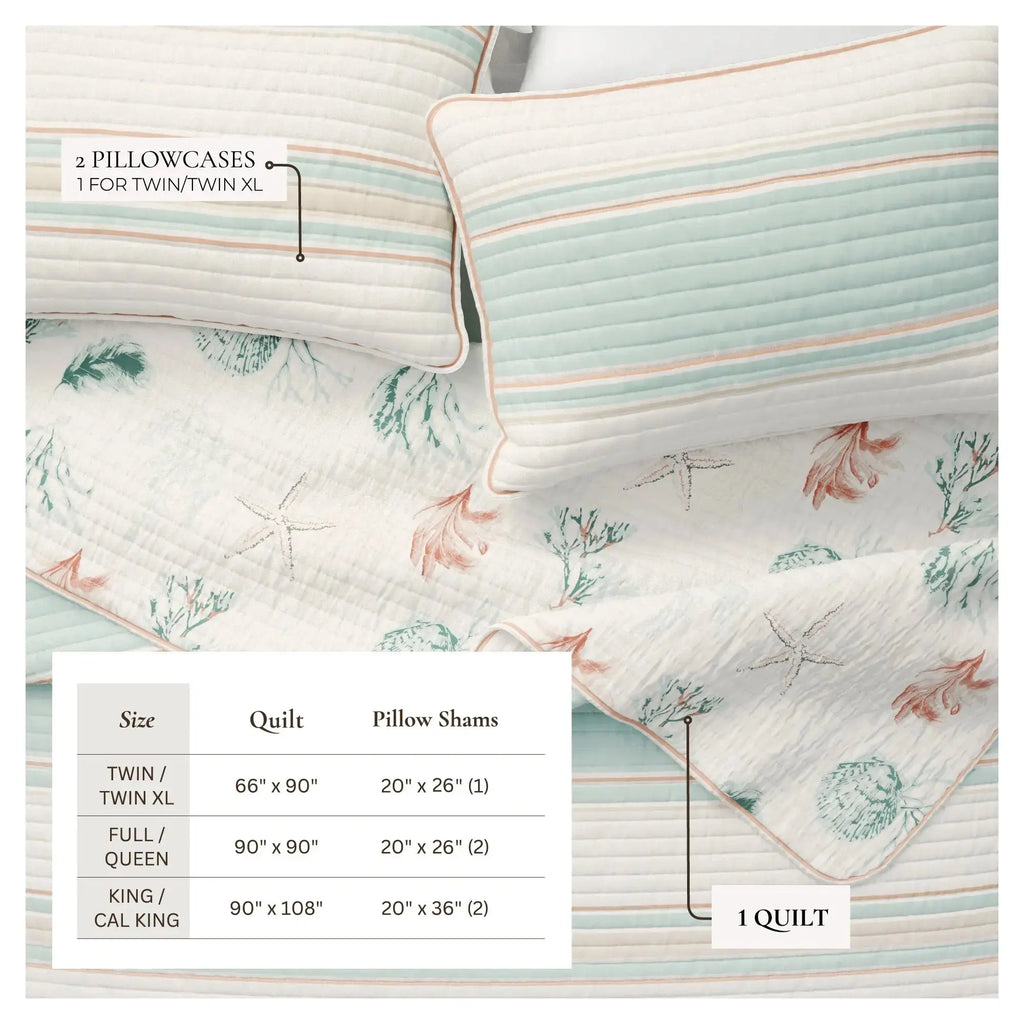 Coastal printed stripe cotton quilt set layered with white pillows in a cozy guest room.